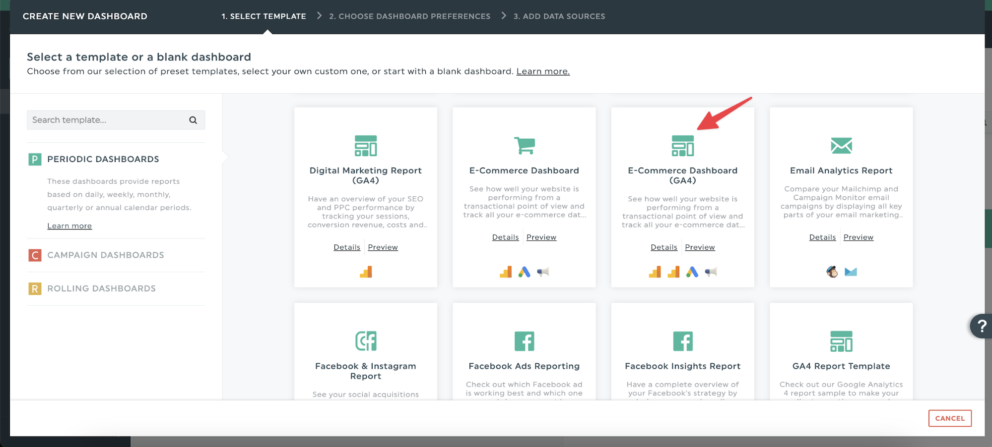 E-Commerce auswählen Dashboard