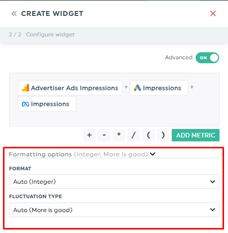 Formatierungsoptionen für berechnete Widgets im DashThis dashboard