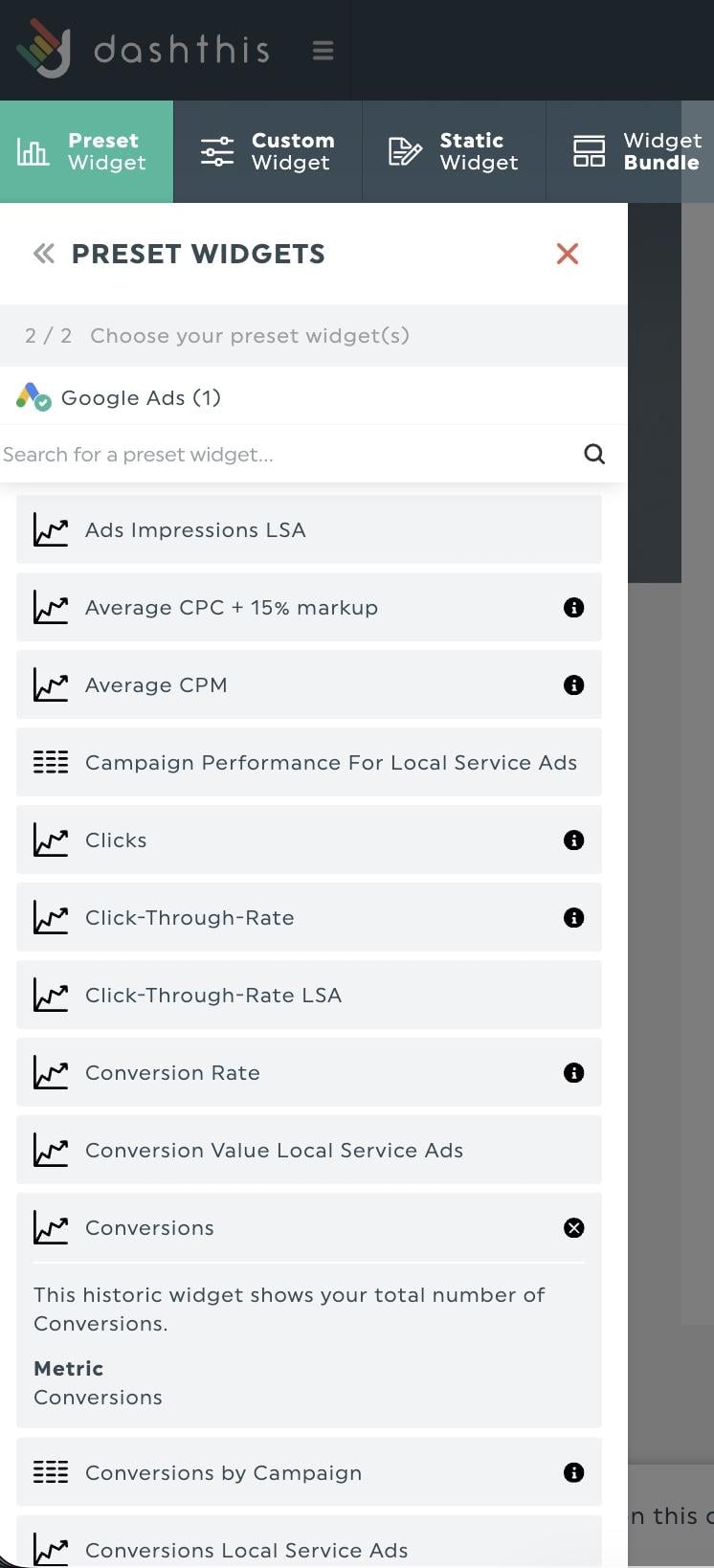 Dashthis voreingestellte Widgets