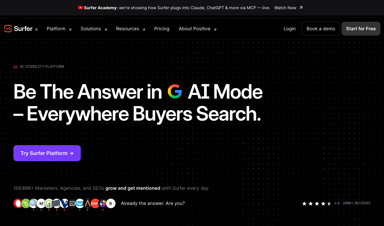 Surfer-Homepage, auf der die Plattform als KI-Tool zur Sichtbarkeit für den Google-KI-Modus präsentiert wird