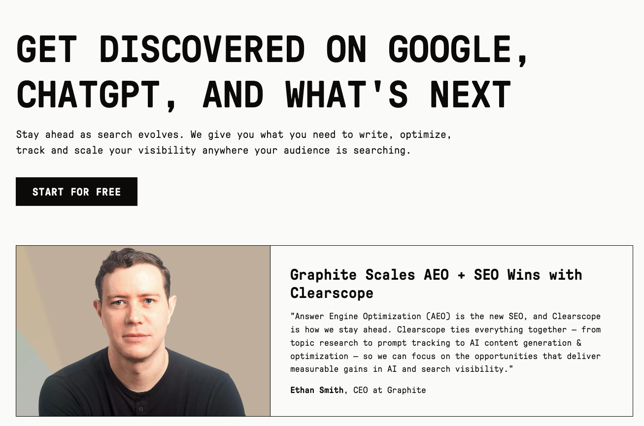 Clearscope-Homepage mit einem Kundenbericht über die Ausweitung der Erfolge bei AEO und SEO