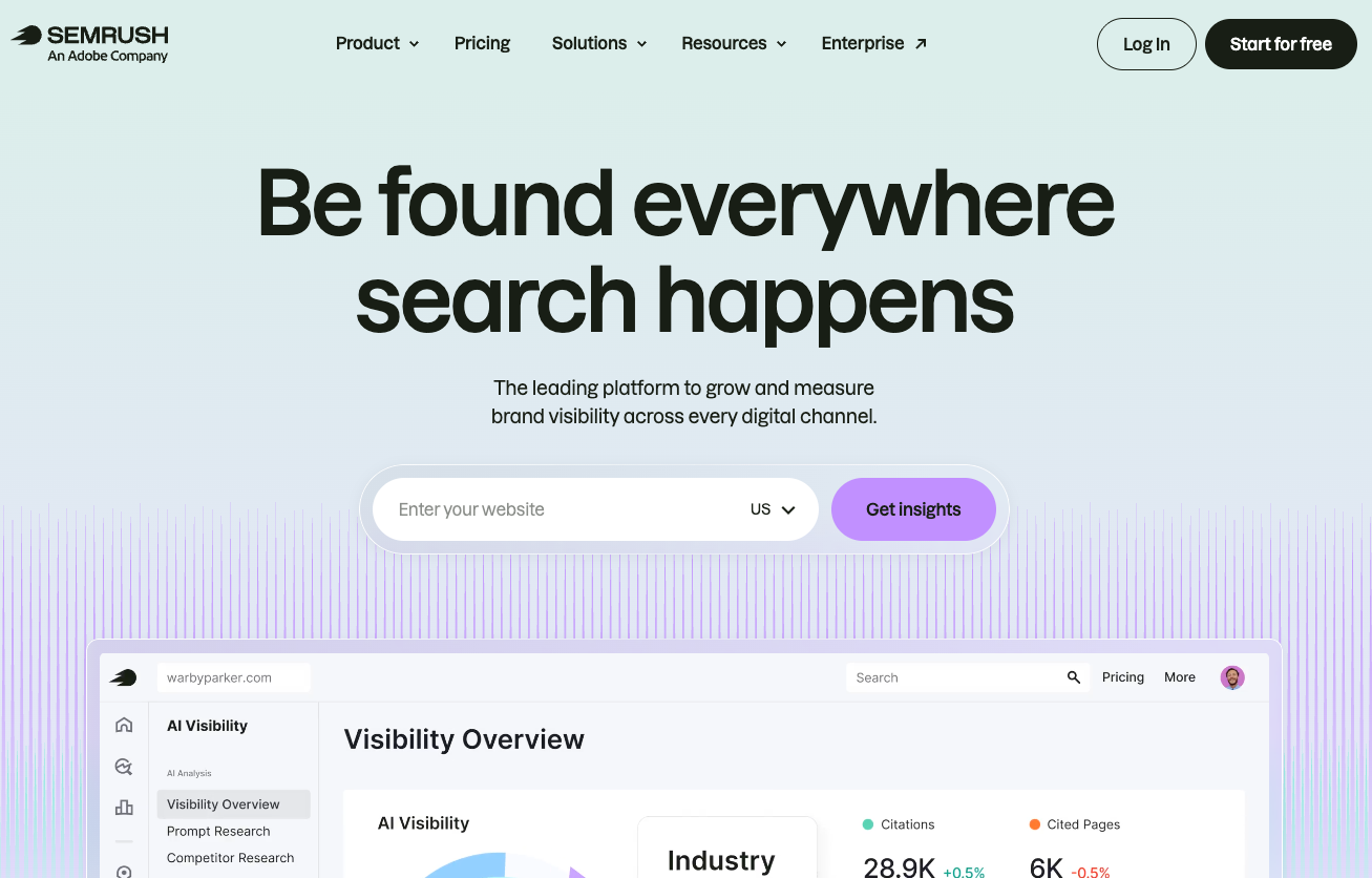 Die Semrush-Startseite mit der „AI Visibility Overview“-Übersicht, die Markenerwähnungen und Zitate anzeigt