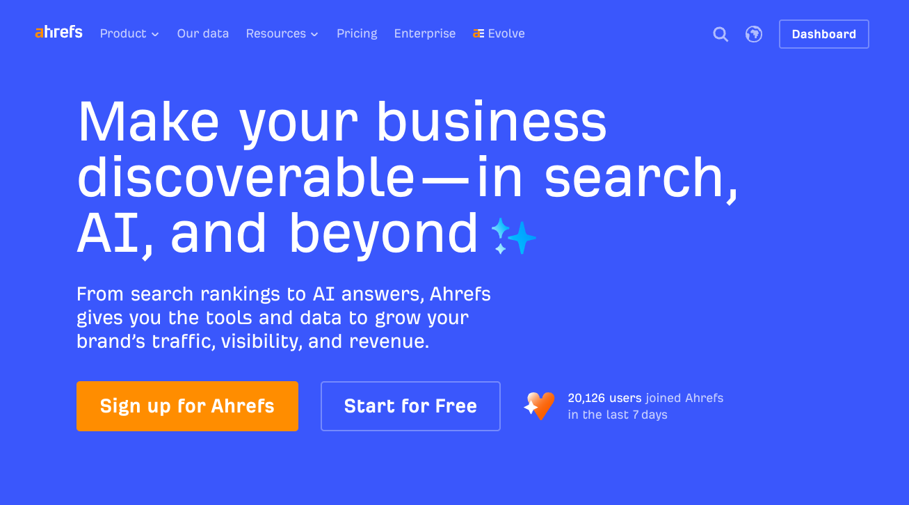 Die Ahrefs-Startseite wirbt für Tools, die ein Unternehmen in Suchmaschinen auffindbar machen, sowie für KI-Antworten