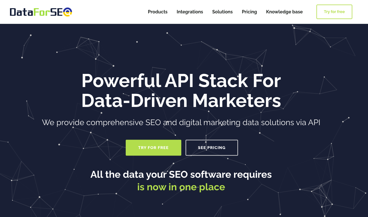 Die DataForSEO-Homepage, auf der der API-Stack für SEO- und Marketingdaten vorgestellt wird