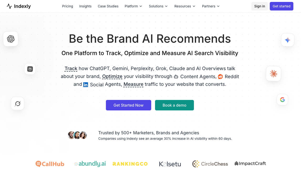 Die Indexly-Startseite zeigt die Nachverfolgung der Sichtbarkeit bei der KI-Suche über ChatGPT, Gemini und Perplexity hinweg