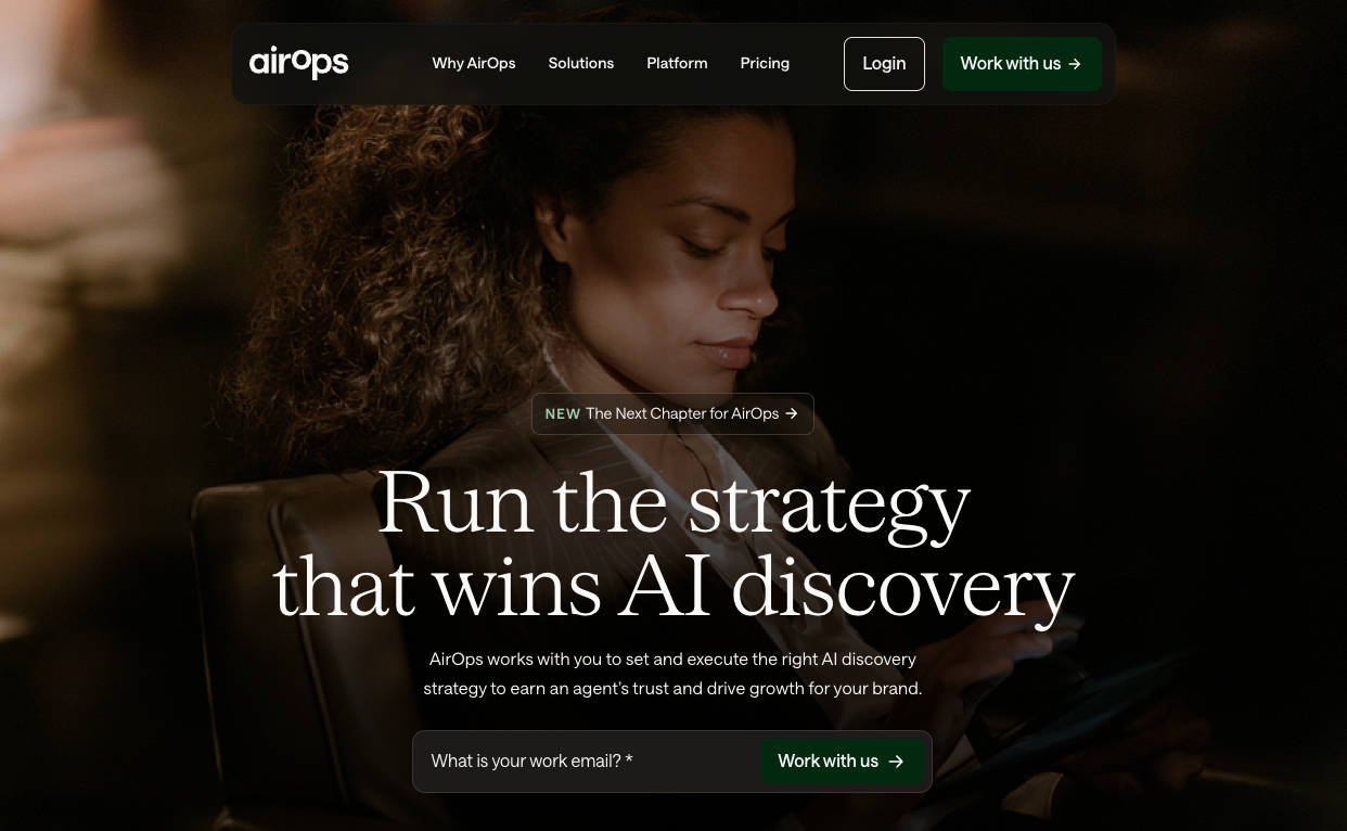 AirOps-Homepage, die die Umsetzung der AI-Discovery-Strategie für Marken fördert